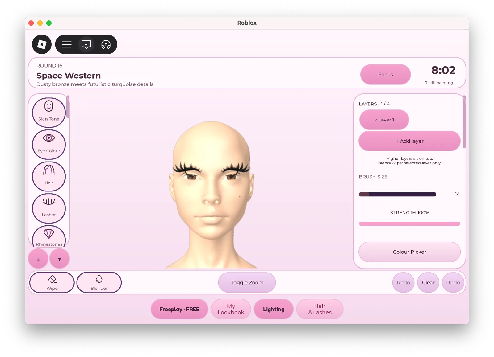 Makeup Mania interface capture with Hair and Lashes controls visible