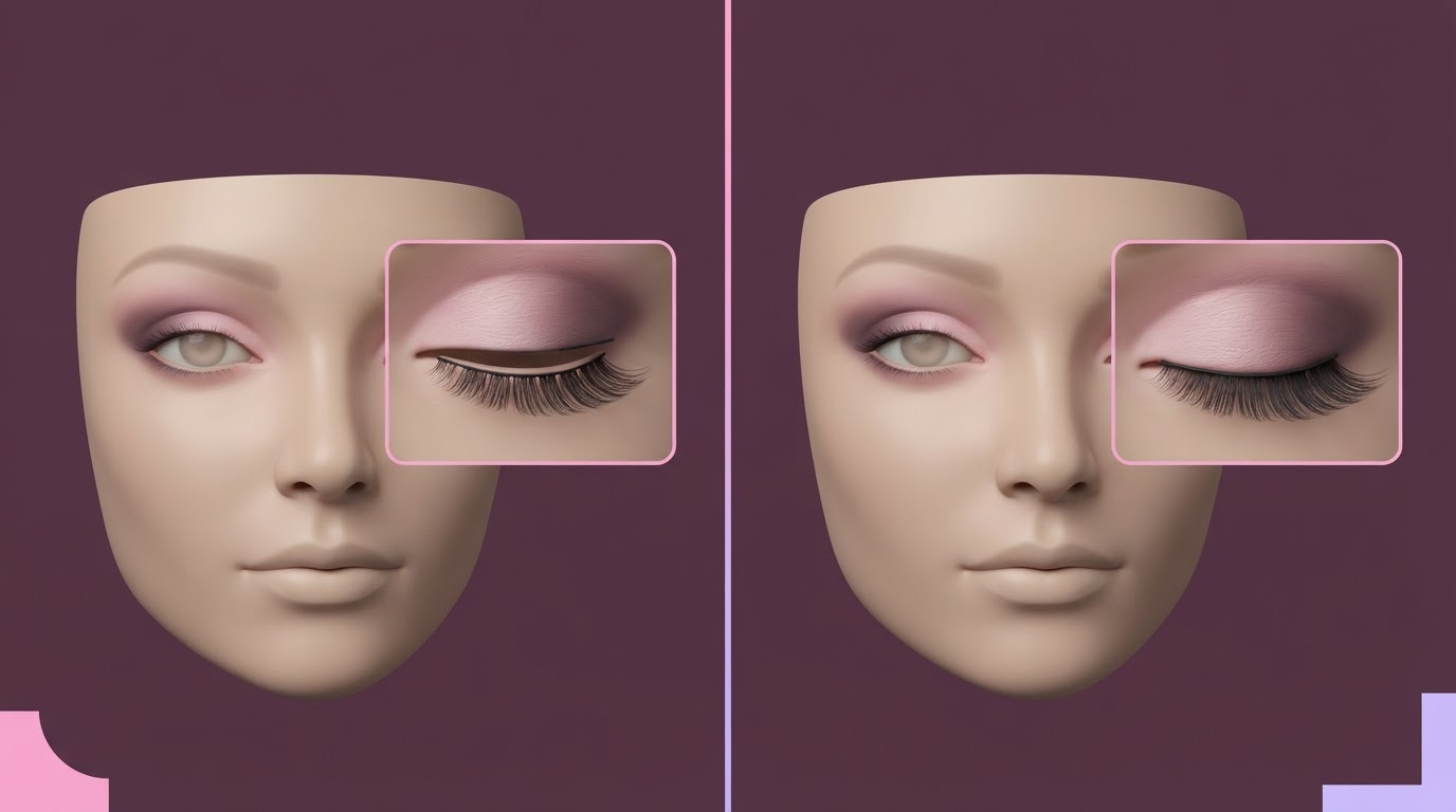 Original two-panel illustration comparing a lash band above the eyelid with a band aligned close to the eyelid