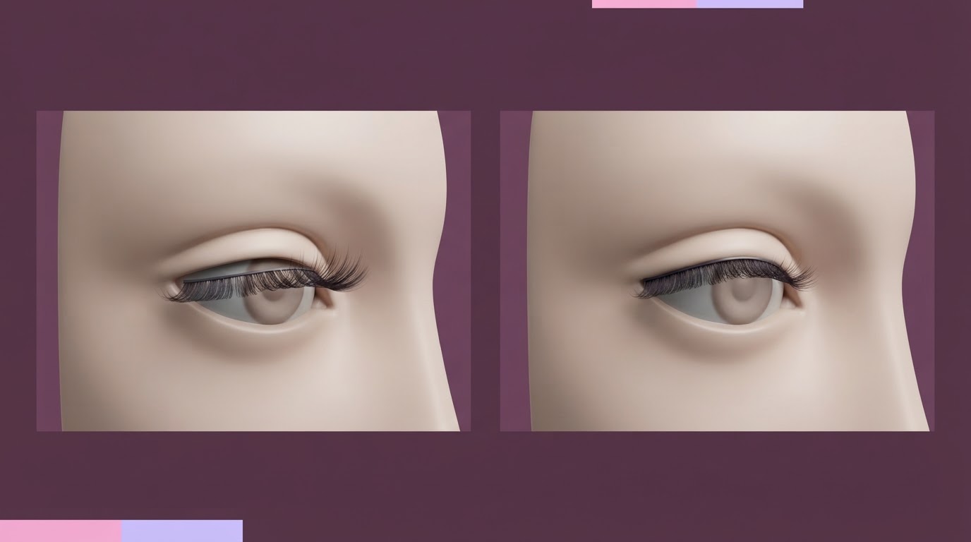 Original side-angle illustration comparing detached lashes with lashes positioned close to the eyelid surface