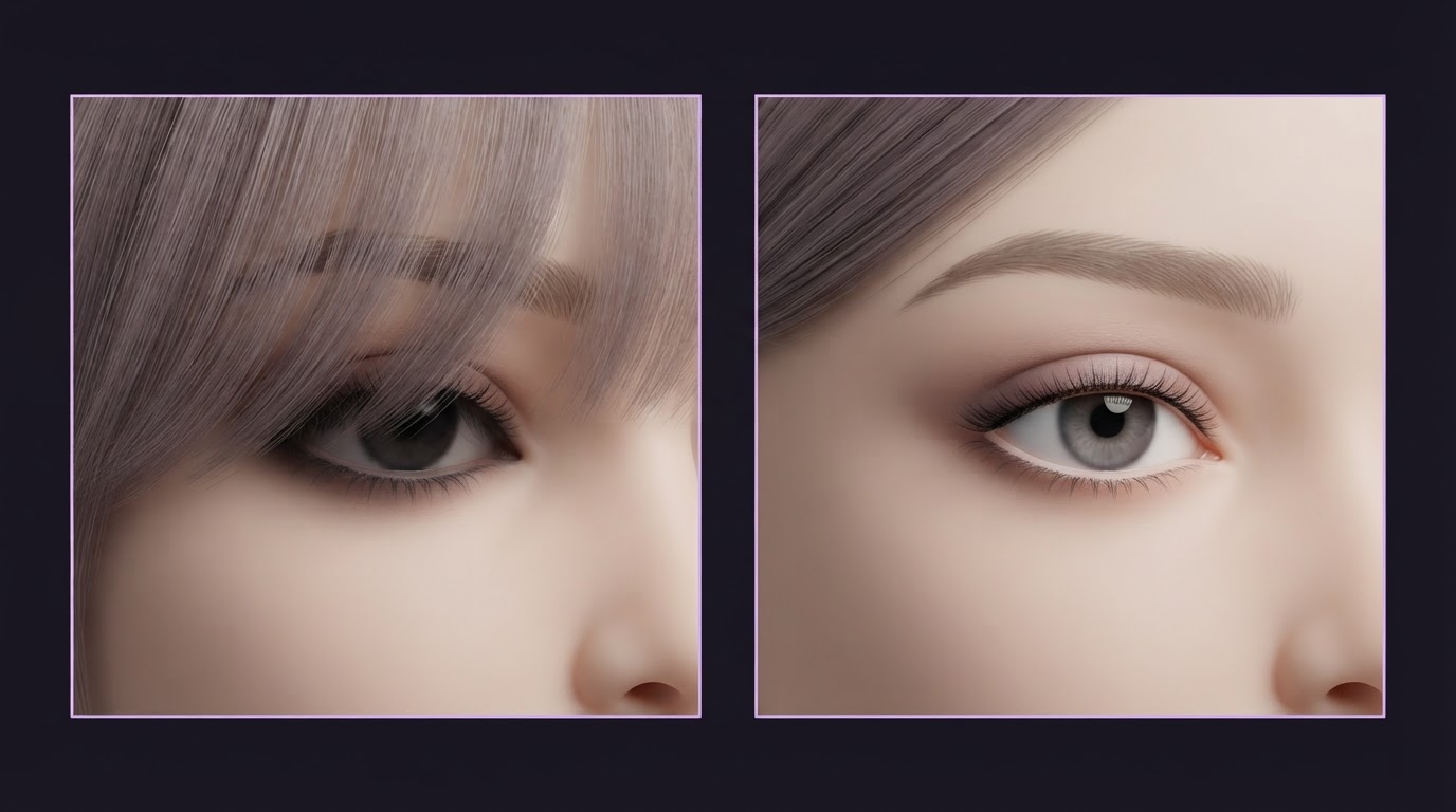 Original two-panel illustration comparing hair covering the eye with hair moved away from the lash area