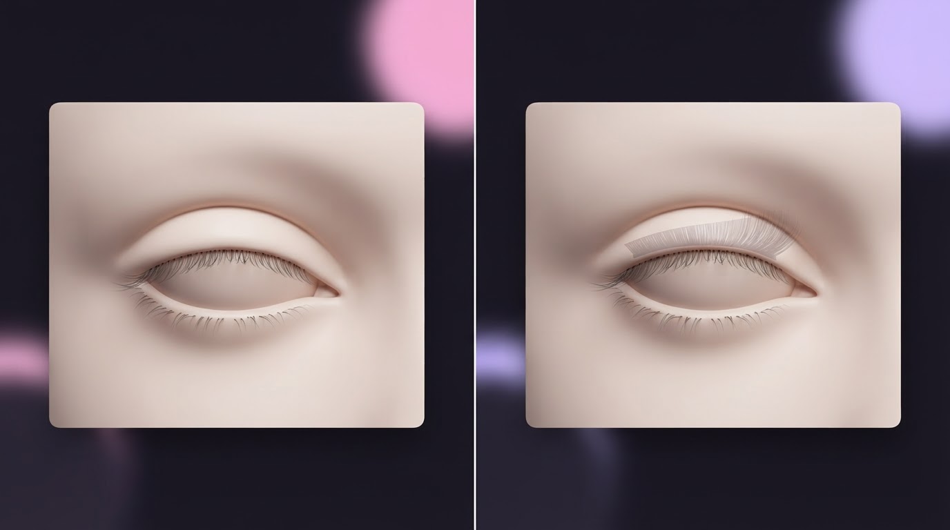 Original two-panel illustration showing no visible lashes and a translucent lash silhouette near the eyelid for inspection