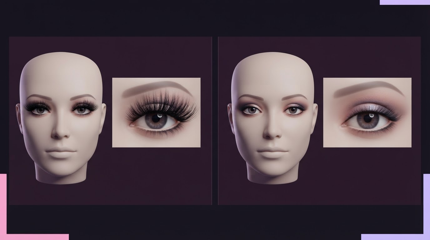 Original two-panel illustration comparing oversized dramatic lashes with a more proportionate lash silhouette