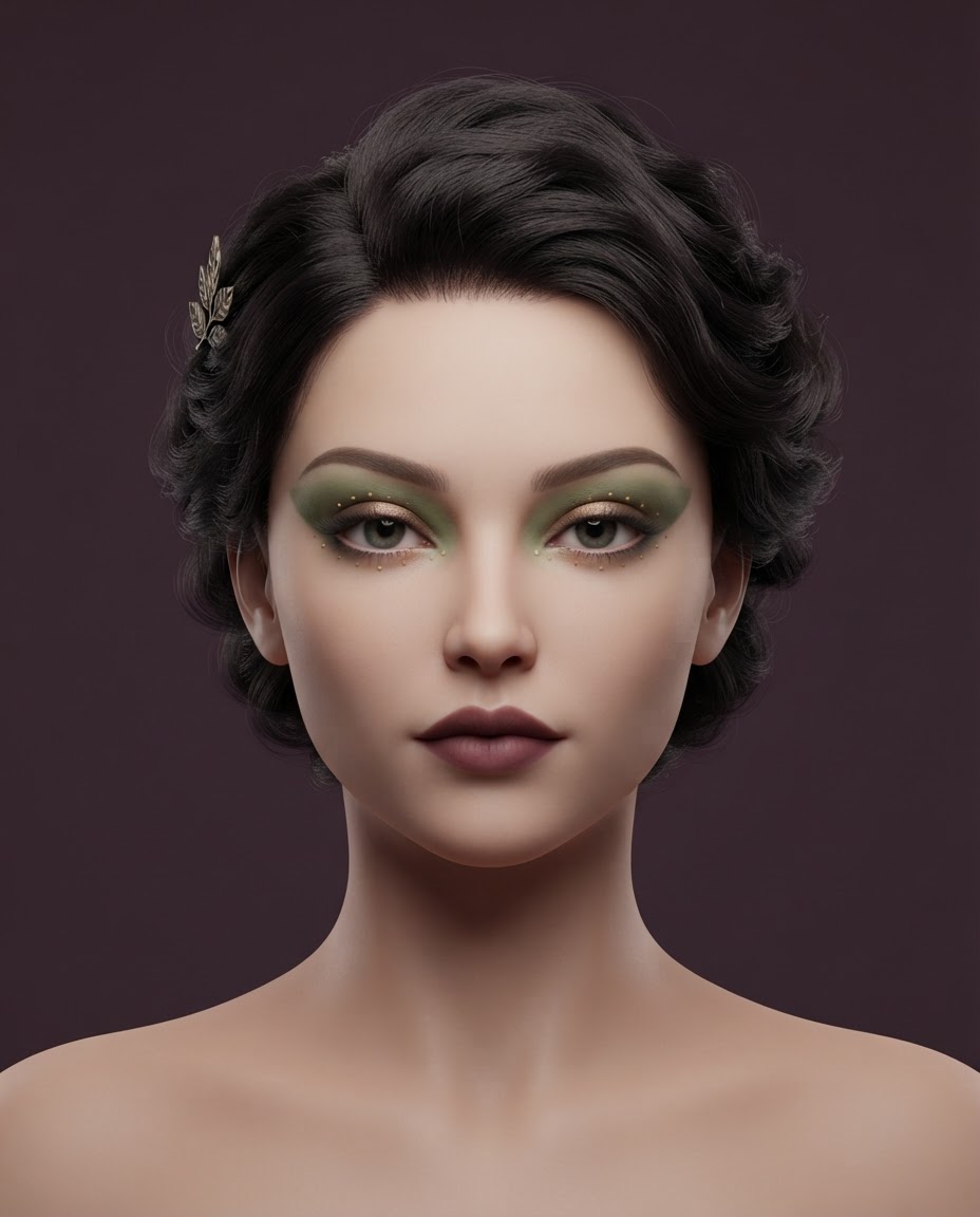 Original editorial makeup illustration with moss green and bronze wing-shaped shadow, gold dots and a dark updo