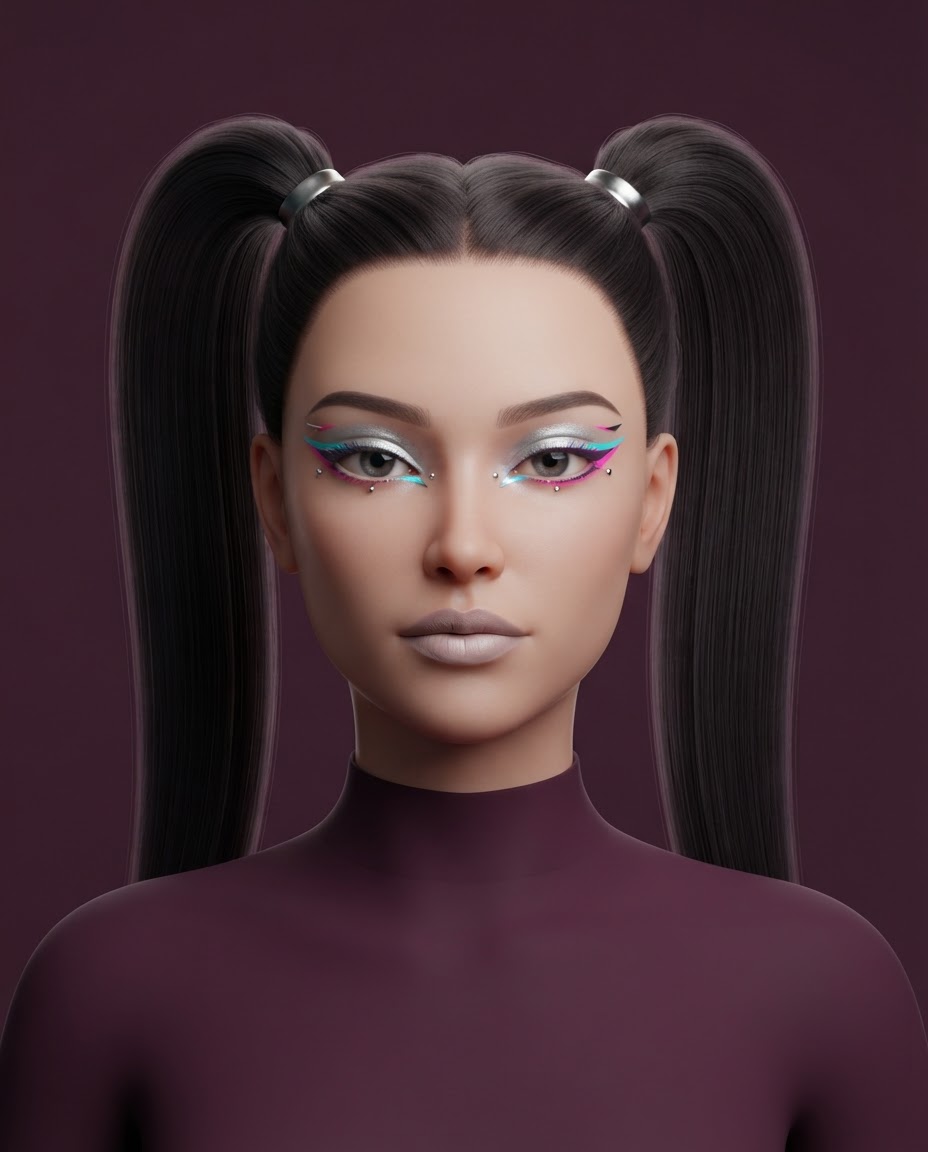 Original editorial makeup illustration with silver shadow, cyan and pink graphic liner, and high twin ponytails