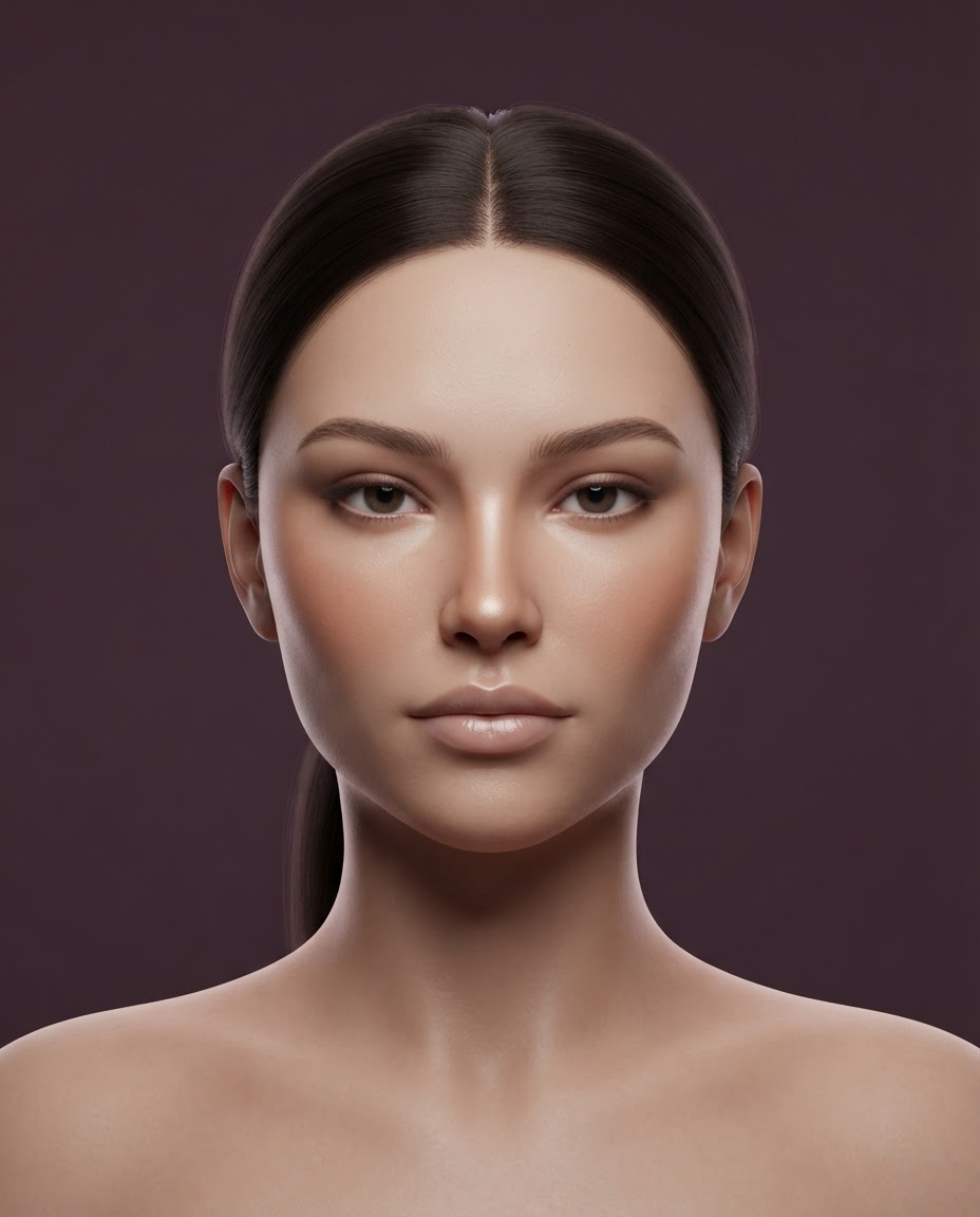 Original editorial makeup illustration with warm taupe eyes, champagne highlight, neutral gloss and a sleek ponytail