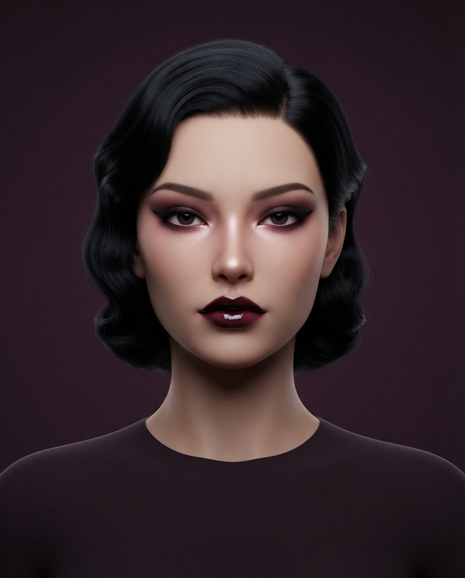 Original editorial makeup illustration with burgundy smoky eyes, black winged liner and a glossy dark cherry lip