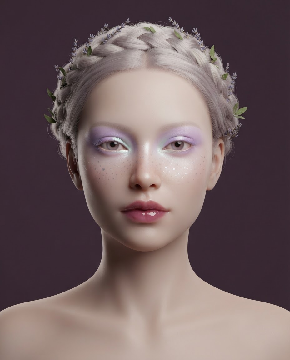 Original editorial makeup illustration with lavender lids, mint iridescence, pearl freckles and a pale braided crown