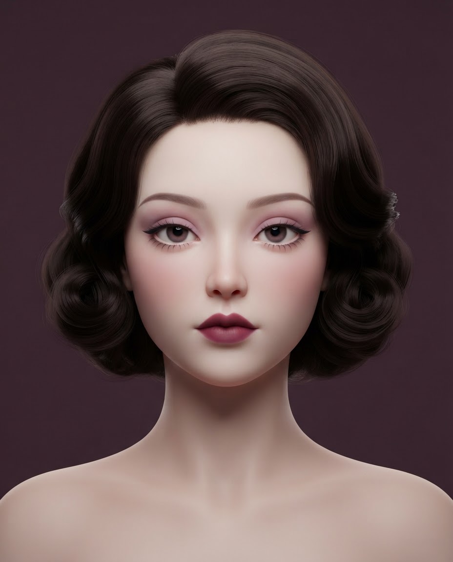 Original editorial makeup illustration with rounded rose shadow, delicate lower lashes, berry lips and a curled bob