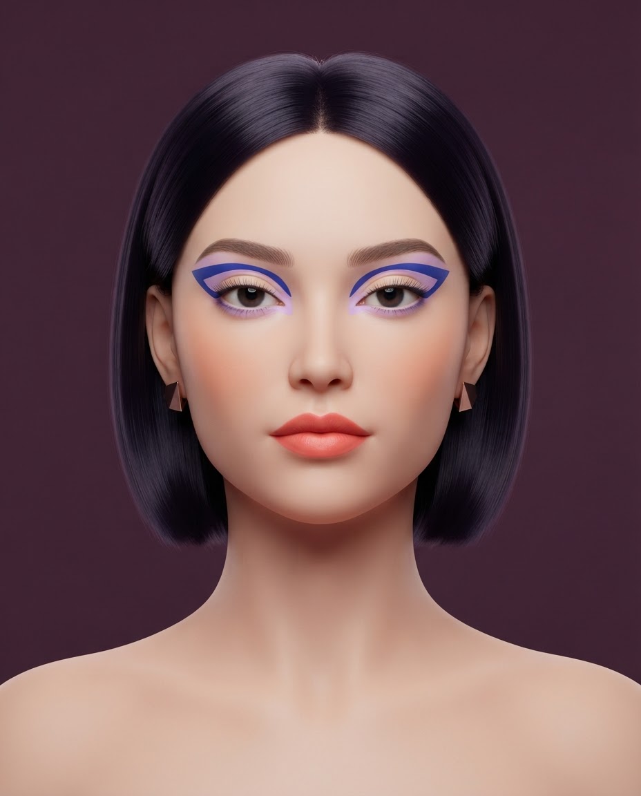 Original editorial makeup illustration with cobalt and lilac graphic eye shapes, coral lips and a glossy blunt bob