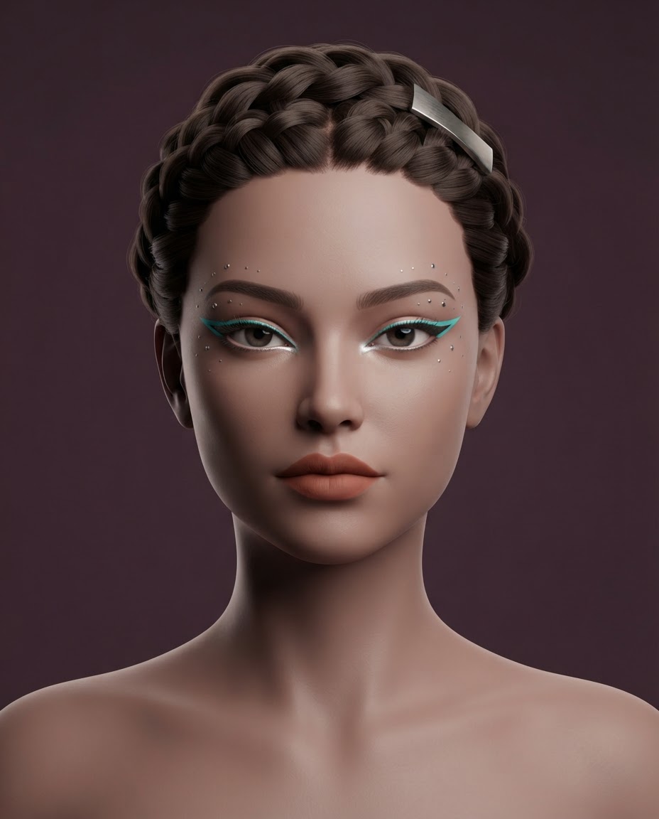 Original editorial makeup illustration with turquoise graphic liner, bronze tones and braided hair for a Space Western interpretation